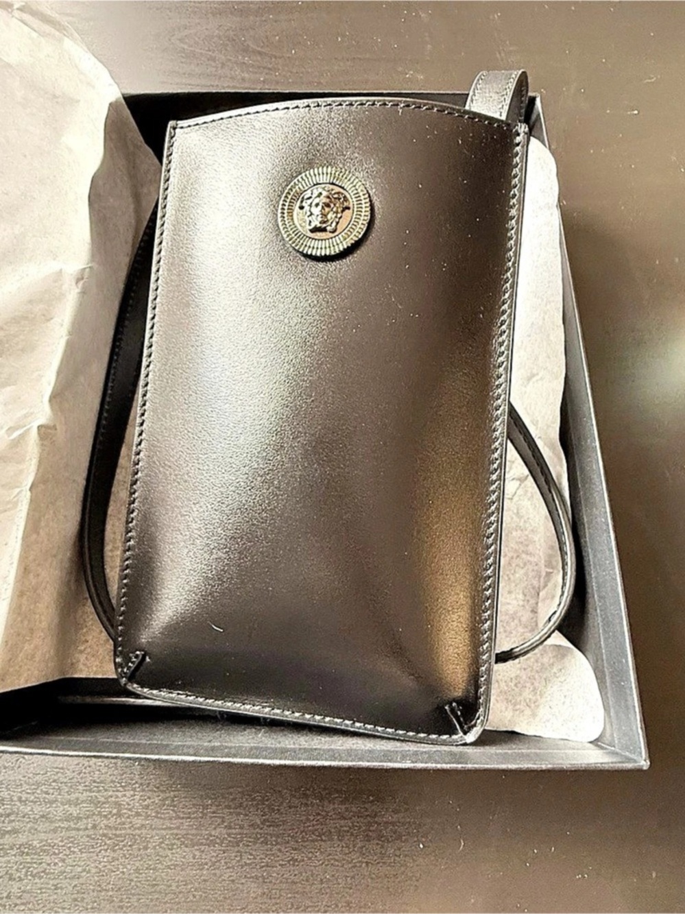 Versace La Medusa Leather Phone Pouch Black